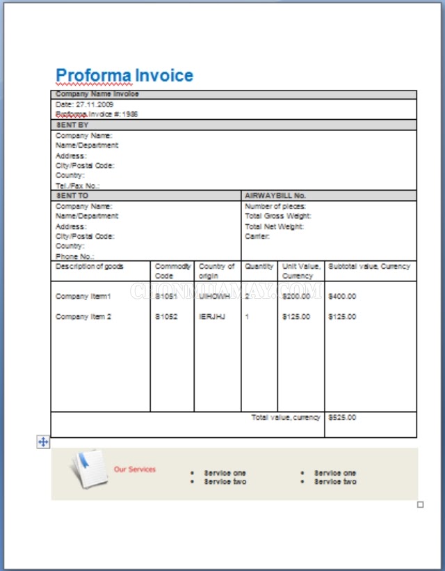 Nội dung của Proforma Invoice
