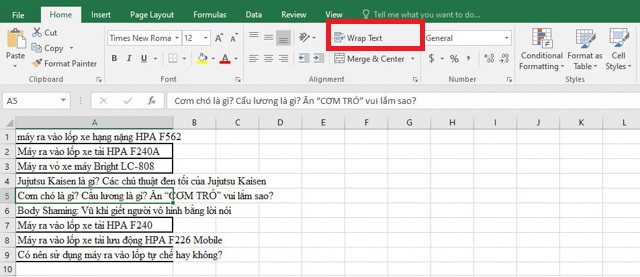 Sử dụng Wrap Text
