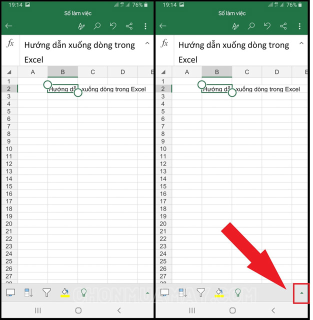 Xuống dòng trong excel trên điện thoại Android, iOS