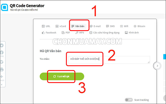Chọn hình thức thông tin bạn muốn tạo mã QR, nhập thông tin rồi tạo mã