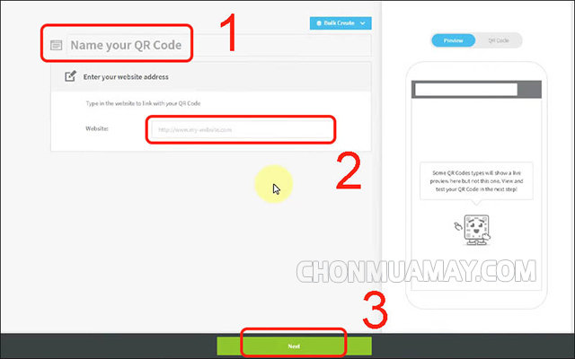 Nhập Tên mã QR, Website rồi chọn Next